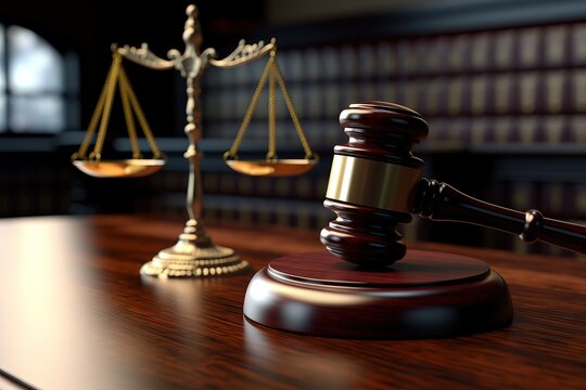 hyper realistic imagin law legal system justice crime concept mallet gavel hammer and scales on table