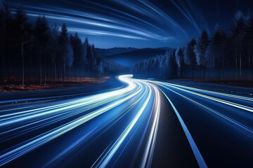 Fototapeta na wymiar Speed light trails path through city and motion effect, high speed light,. Generative Ai