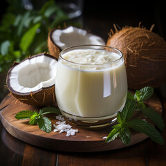 Obraz na płótnie Canvas A coconut flavored milk in a coconut shell. 