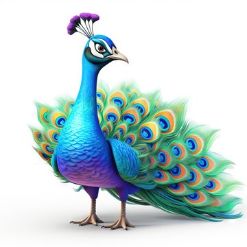 Peacock in 3D character style, white background, animated and lively