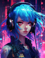 An image of a woman wearing a digital headset while also sporting a pair of headphones, embodying a tech-forward look created with generative AI tools.