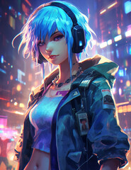 Naklejka premium An image of a woman wearing a digital headset while also sporting a pair of headphones, embodying a tech-forward look created with generative AI tools.
