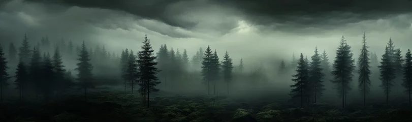 Fototapeten 深い霧の中の森の風景　暗い雨上がりの様子 © ayame123