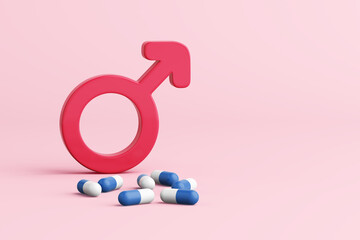 3D object hot pink male gender symbol and capsule medicine on pink background. Erectile dysfunction is an inability to sexual activity. viagra pills or vitamin. clipping path. 3D Illustration. - obrazy, fototapety, plakaty