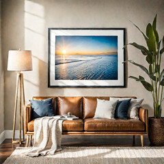 horizontal blank frame mockup in a room with soft natural light
