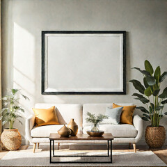 horizontal blank frame mockup in a room with soft natural light