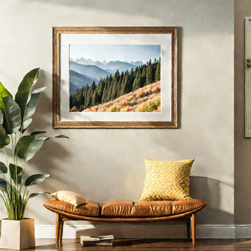 horizontal blank frame mockup in a room with soft natural light