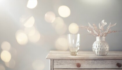 白いチェストに花瓶とガラスを飾る　美しく細い枝のアレンジメント