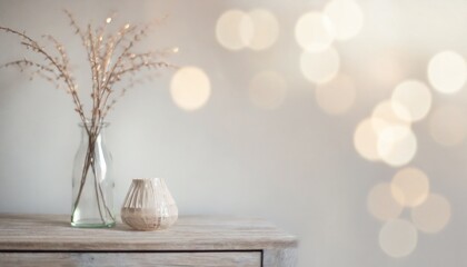 白いチェストに花瓶とガラスを飾る　美しく細い枝のアレンジメント - obrazy, fototapety, plakaty
