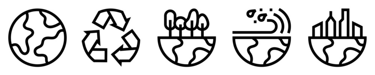 Conjunto de iconos de planeta tierra. Naturaleza, medio ambiente y ecosistema. Mundo, árboles, reciclaje, mar, ciudad. Ilustración vectorial © Frank