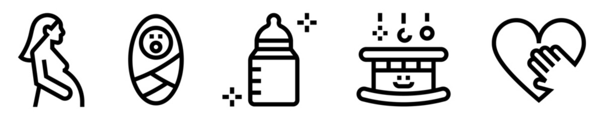 Conjunto de iconos de maternidad. Embarazo, bebé, biberón, cuna, corazón de madre e hijo. Ilustración vectorial