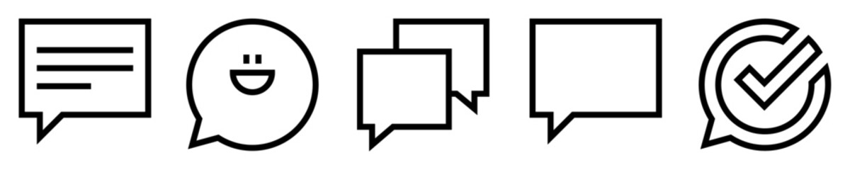 Conjunto de iconos de burbujas de mensaje. Globos de comunicación. Chat de texto, con emoticon, en grupo, globo vacío, mensaje aprobado. Ilustración vectorial - obrazy, fototapety, plakaty