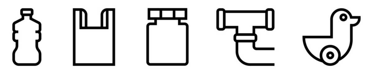 Conjunto de iconos de productos de plástico. Reciclaje. Botella, bolsa, funda, frasco, tuberías, juguete. Ilustración vectorial