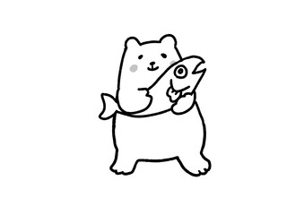 鮭を嬉しそうに抱くクマのかわいい手描きモノクロイラスト