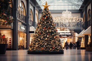 A giant Christmas tree in the middle of a shopping mall . Generative AI. - obrazy, fototapety, plakaty