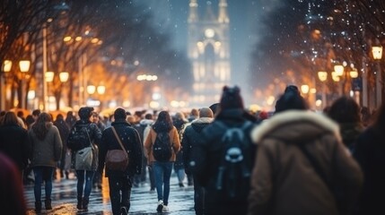 People walking in the city street with bokeh Christmas night. Generative AI.