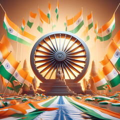 D Render: India Republic Independence Day, Front View with Ashoka Wheel. Patriotic Concept Celebrating National Pride