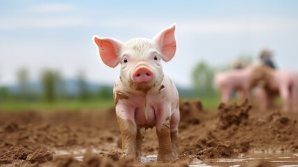 泥遊びをするかわいい豚 - obrazy, fototapety, plakaty