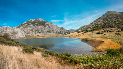 Lake of glacial origin on a sunny day with blue skies, situated between meadows and mountains in the north of León, Spain.