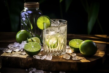 A bottle of premium vodka, chilled and ready to serve, surrounded by crystal glasses and garnished with fresh lime wedges on a rustic wooden table