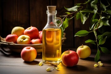 A rustic, vintage bottle of organic apple cider vinegar, beautifully illuminated by the soft morning light, standing on a wooden kitchen table with fresh apples scattered around