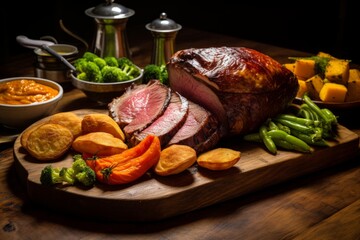 A Traditional British Sunday Roast Dinner Spread Featuring Golden Brown Yorkshire Puddings Served with Roast Beef, Gravy, and Vegetables on a Rustic Wooden Table