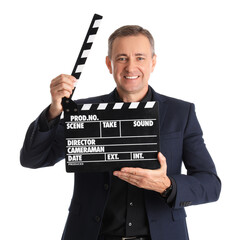 Mature actor with clapperboard on white background
