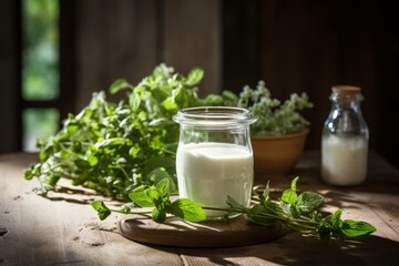 A rustic wooden table adorned with a vintage glass jar filled with homemade soured milk, garnished with fresh mint leaves, under the soft glow of morning sunlight