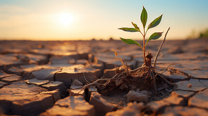 Plant on cracked soil, global warming and climate change concept. - obrazy, fototapety, plakaty