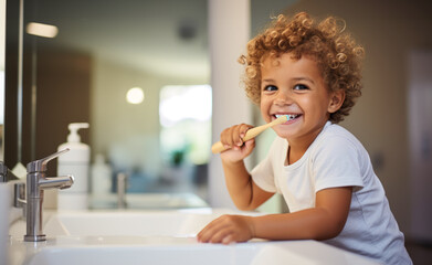 A smiling child with a bamboo toothbrush brushes his teeth in the bathroom near the sink in the morning. Curly child takes care of teeth