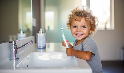 Smiling child with an electric toothbrush in the bathroom near the sink in the morning. Curly blond child takes care of his teeth