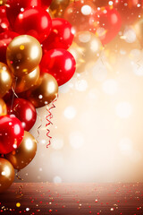 Celebration party banner background with red, gold balloons, carnival, festival or birthday balloon red background, red celebration background template