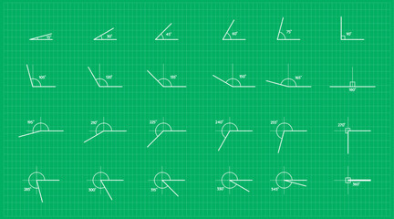 Angle with different degrees icon vector illustration. obtuse acute angle. mathematical 90, 45, 120, 180 and 60 degree triangle. measure and geometric math symbol collection set. Educational school le - obrazy, fototapety, plakaty