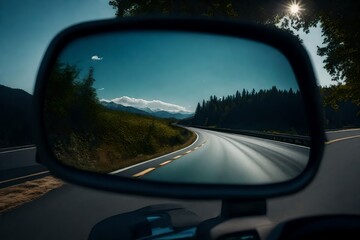 look in the rear view mirror of a car - obrazy, fototapety, plakaty