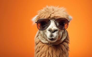 Close up portrait of a llama wearing sun glasses.