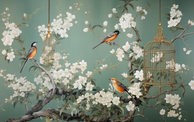 Bird on a branch design seamless wallpaper.