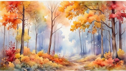 Obraz na płótnie Canvas Generative AI. Watercolor of autumn forest landscape illustration.