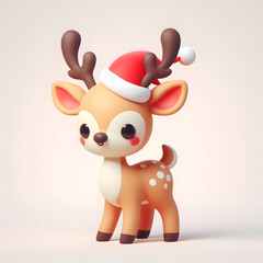 Joyful 3D Deer: Cute Character in Christmas Hat on Plain Background. Adorable Holiday Concept with a Happy and Festive Deer Illustration.