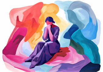 Human figure painting, female form - abstract figurative gouache painting of a woman seated. Women's health and women's issues related illustration. 