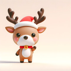 Joyful 3D Deer: Cute Character in Christmas Hat on Plain Background. Adorable Holiday Concept with a Happy and Festive Deer Illustration.