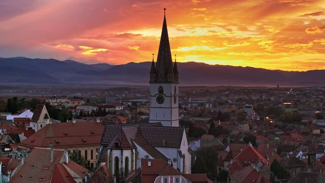 Aerial drone view of Sibiu at sunset, Romania