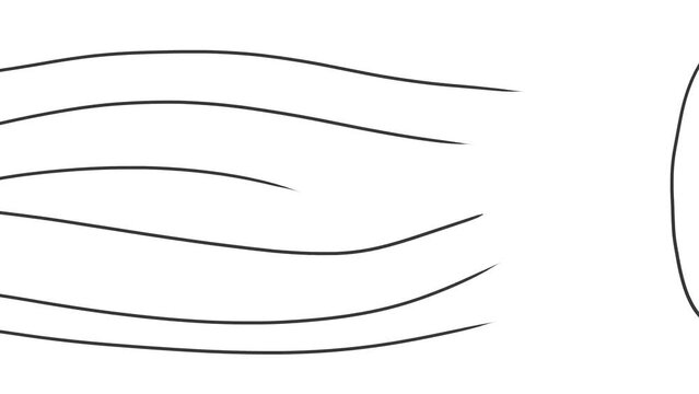 Horizontal sharp lines sway like seaweed. A small round mass pulsates on the side.