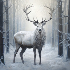 A painting of a white deer in a snowy forest