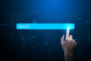 hand point to search bar.Search, surfing browsing information data in internet web with search...