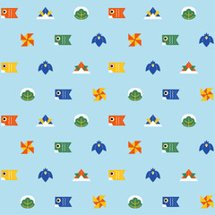 子どもの日のアイテム模様　シームレスパターン（カラフル）