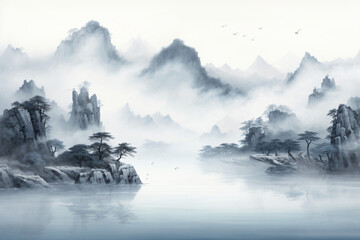 A painting of a mountain lake surrounded by fog