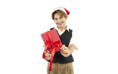 Happy Gay man with santa hat and red gift box isolated white background, LGBTQ christmas concept.