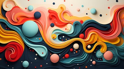 Fototapeta na wymiar Vibrant Abstract Paper Waves and Spheres Artwork