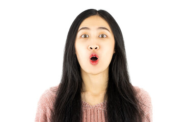 a closeup photo portrait of a surprised young asian thai model woman. used for ad. isolated on white background. 