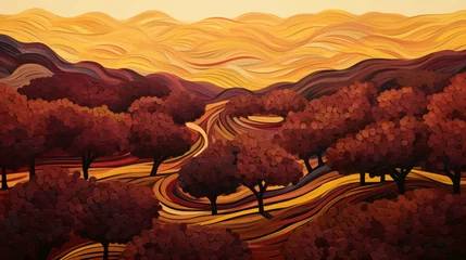 Fotobehang A painting of a landscape with red trees and yellow hills © Eduardo